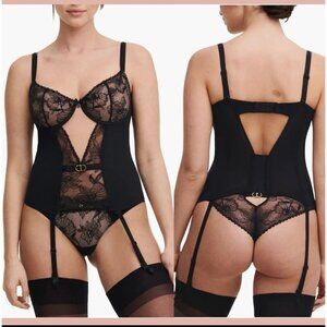 NEW $195 Chantelle Black Lingerie 36B US Orchids Underwire Bustier Garter Straps